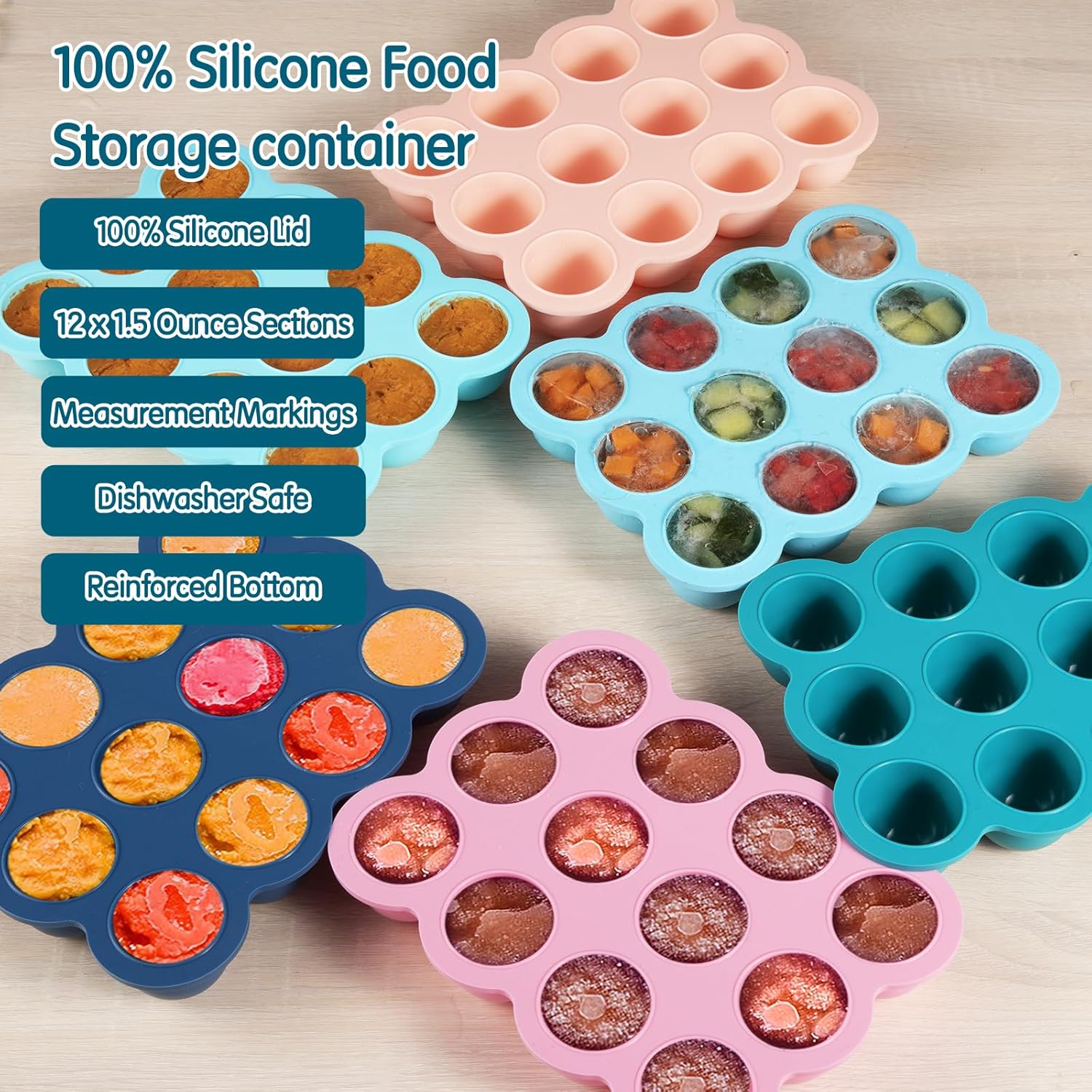 Baby Food Storage - 12 x 1.5OZ Silicone Freezer Tray with Lid, Containers for Homemade Purees