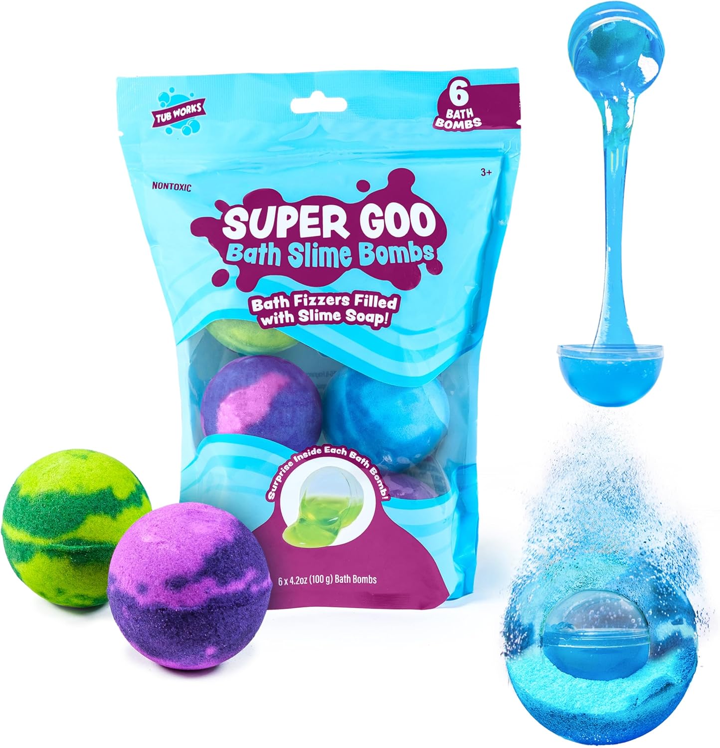 Super Goo Bath Slime 'Surprise' Bombs, 6 Pack | Kids Bath Bombs With Surprise Inside | Nontoxic |