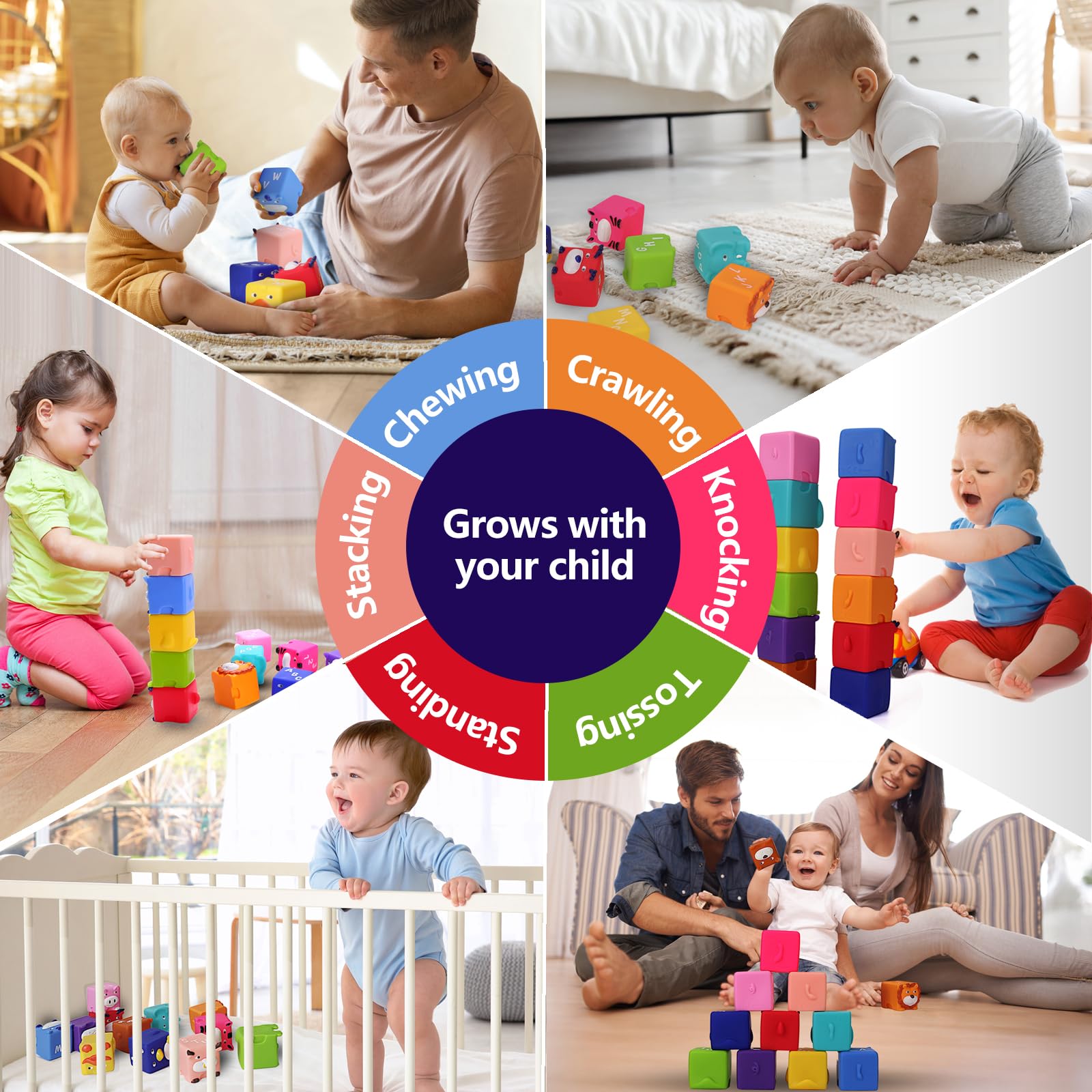 beeqoo Soft Baby Blocks – Stacking & Building Toys for Babies and Toddlers –12 Pcs No Hole Squeeze