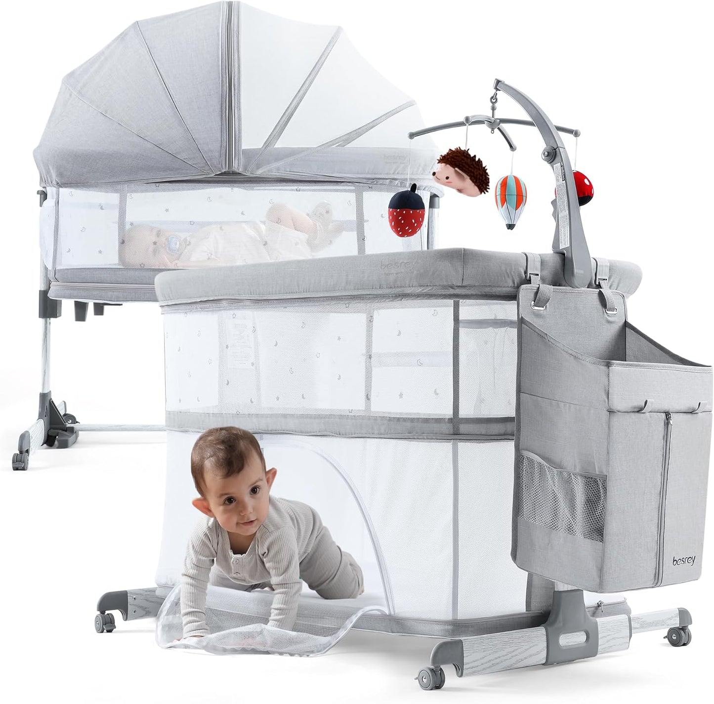 besrey 5 in 1 Baby Bassinet Bedside Sleeper, Playpen with Bassinet & Baby Cradle, Adjustable Bedside Crib for Newborn Infant with Mobile Toy Hanger, Hanging Diaper Bag, Mosquito Net, Mattress