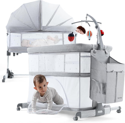 besrey 5 in 1 Baby Bassinet Bedside Sleeper, Playpen with Bassinet & Baby Cradle, Adjustable Bedside Crib for Newborn Infant with Mobile Toy Hanger, Hanging Diaper Bag, Mosquito Net, Mattress