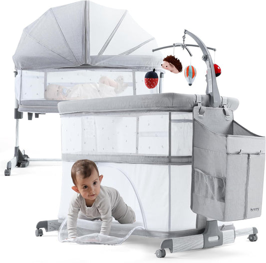 besrey 5 in 1 Baby Bassinet Bedside Sleeper, Playpen with Bassinet & Baby Cradle, Adjustable Bedside Crib for Newborn Infant with Mobile Toy Hanger, Hanging Diaper Bag, Mosquito Net, Mattress