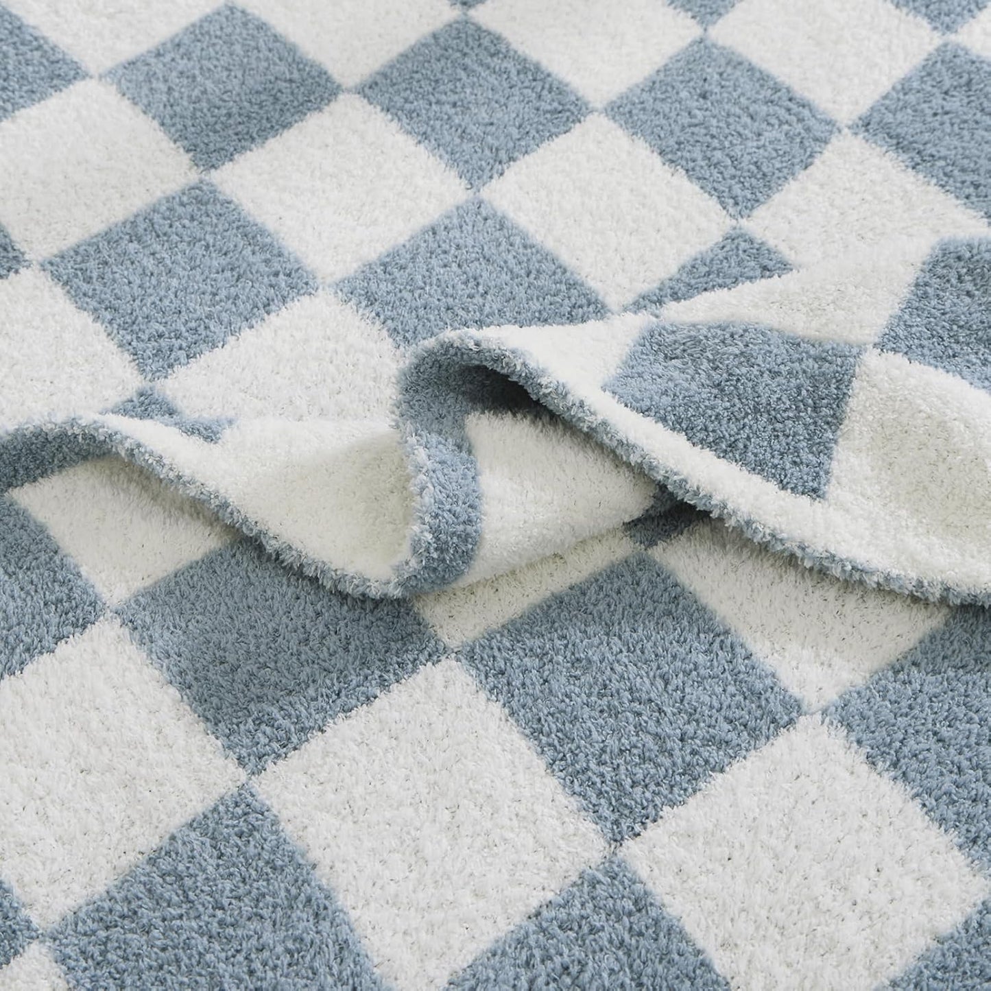 WRENSONGE Checkered Throw Blanket, Grey Blue Soft Cozy Fluffy Warm Hand Made Throw Blankets for