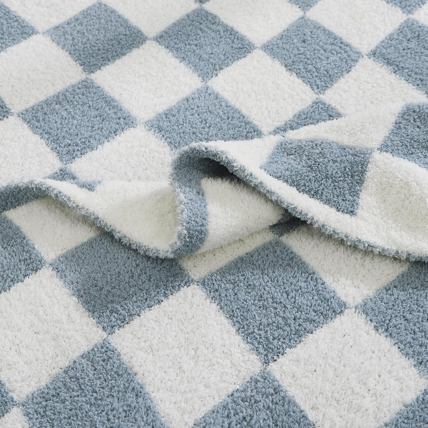 WRENSONGE Checkered Throw Blanket, Grey Blue Soft Cozy Fluffy Warm Hand Made Throw Blankets for