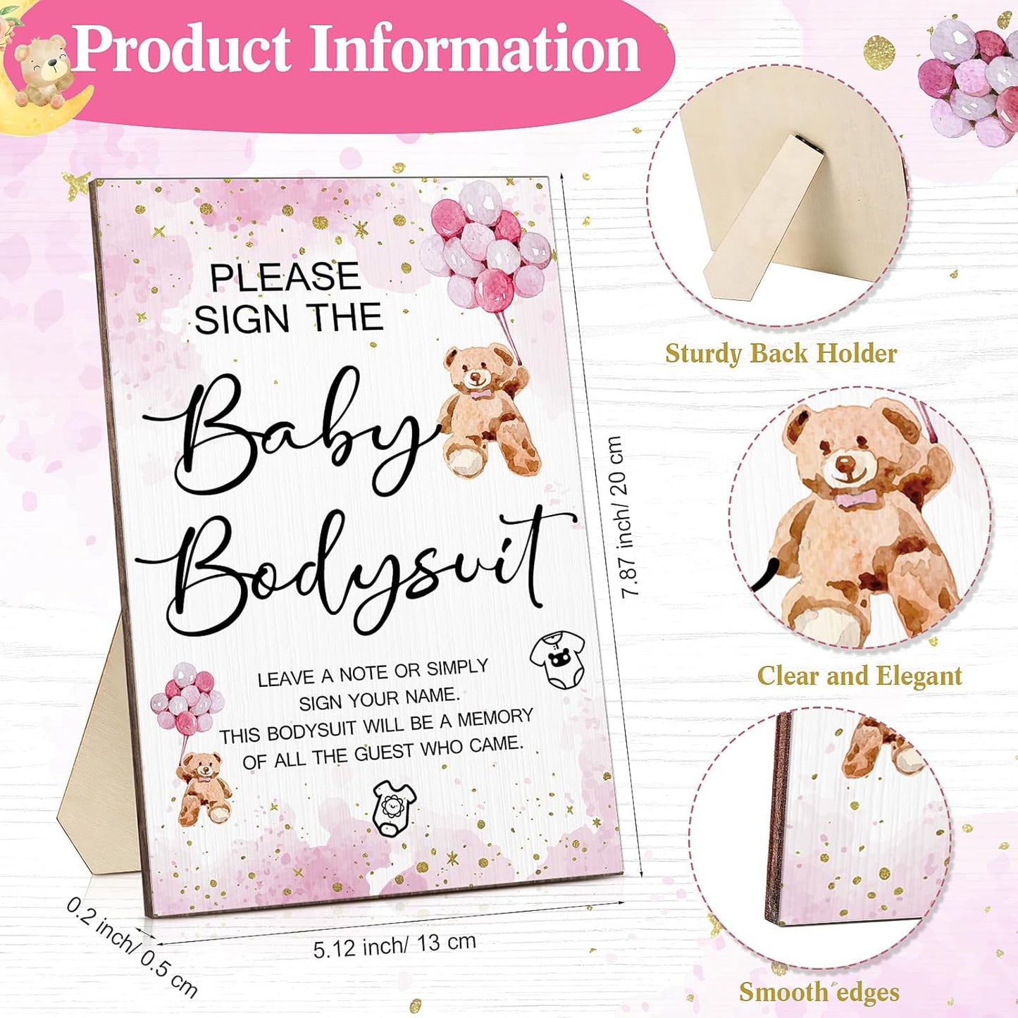 Qunclay 12 Pcs Baby Bodysuit Baby Shower Game Include 1 Game Wooden Sign Tabletop Decor 1 White Blank Newborn Bodysuit 10 Fabric Marker for Gender Reveal Party(Pink Bear)
