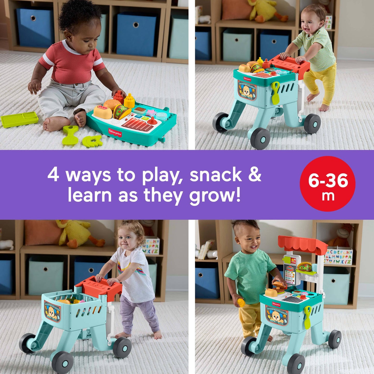 Fisher-Price Baby Push Toy 4-in-1 Snack Cart Walker Learning Activity, 14 Pieces for Pretend Play