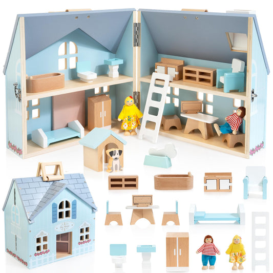 WOODMAM Foldable Wooden Dollhouse with Furniture, Dolls & Pet Set