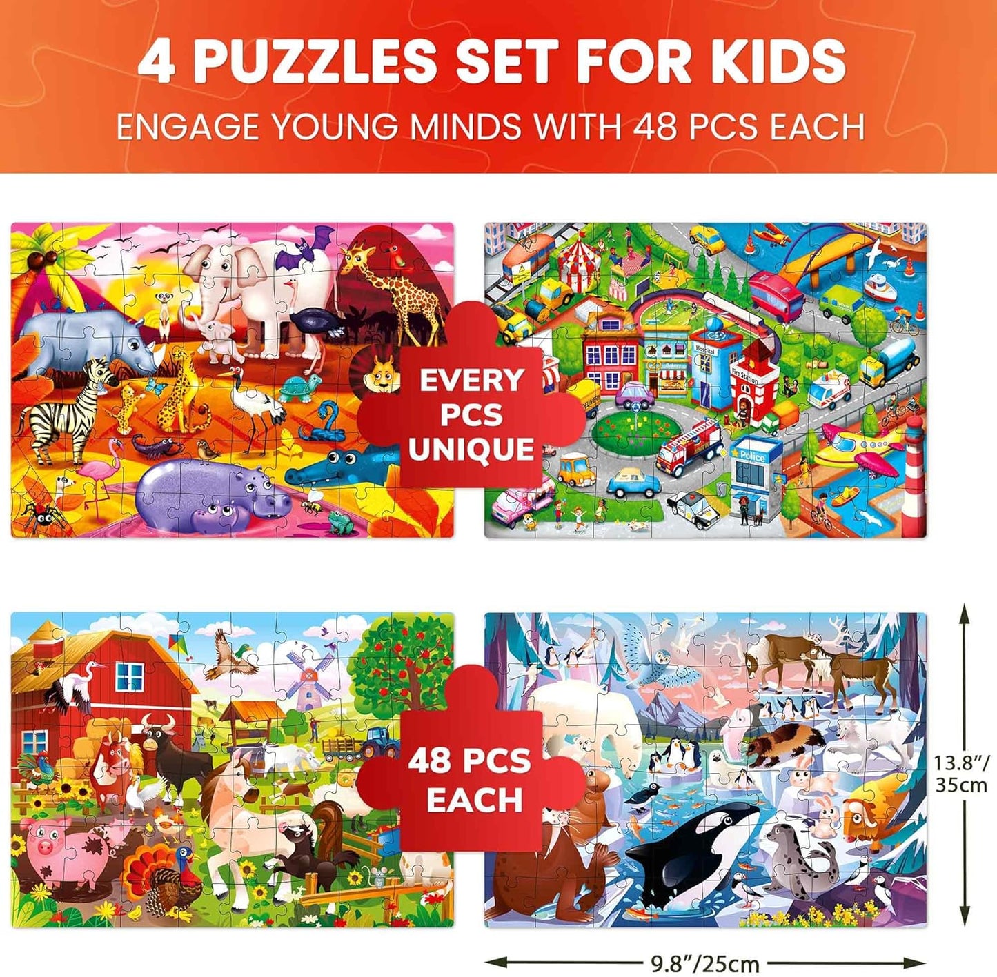 QUOKKA Puzzles for Kids Ages 4-6 – 4 x 48 Pieces Jigsaw Puzzles for Toddlers 2-4 – Children's Game Ages 3-5 for Learning Farm Animals – Educational Preschool Toy for Boys and Girls 4-8 Years Old