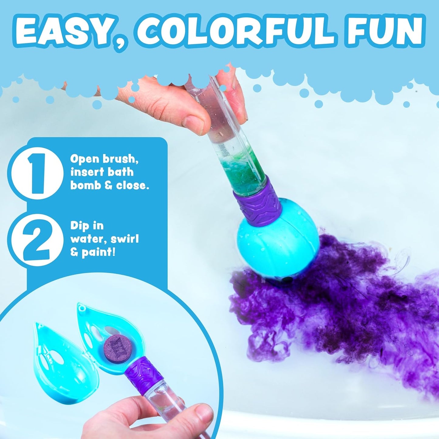 Tub Works® Bath Color Brush™ Kids Bath Bomb Set | Nontoxic & Fragrance-Free | Use Brush to Paint