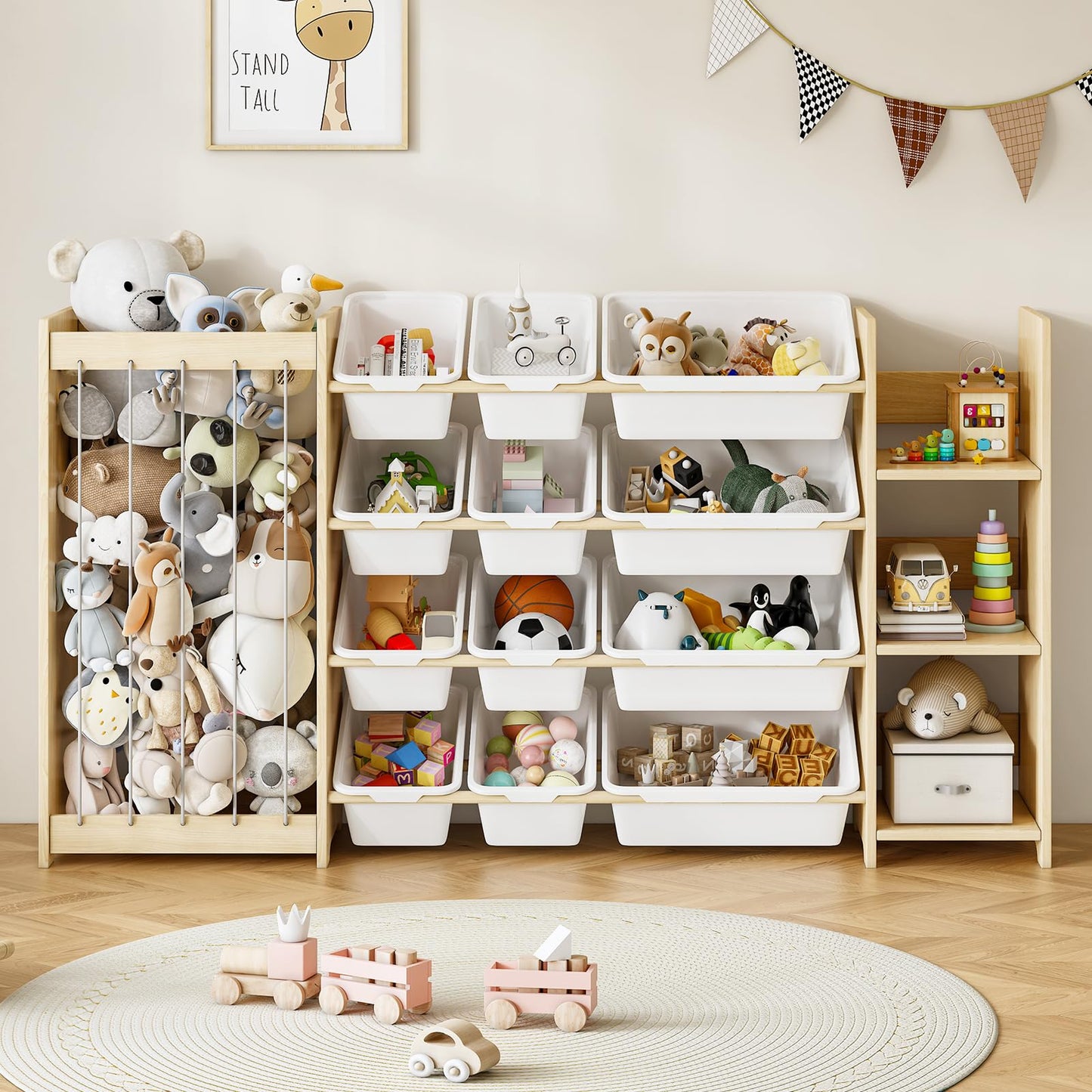 EXPERLAM 3-in-1 Toy Storage Organizer, Stuffed Animal Holder & 3-Tier Bookcase, Solid Wood Toy