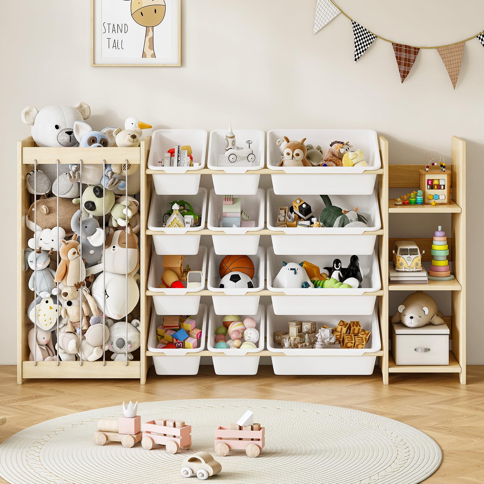EXPERLAM 3-in-1 Toy Storage Organizer, Stuffed Animal Holder & 3-Tier Bookcase, Solid Wood Toy