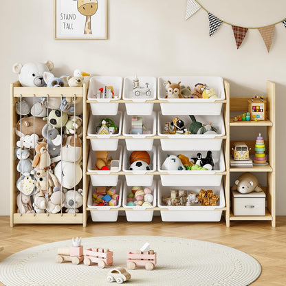 EXPERLAM 3-in-1 Toy Storage Organizer, Stuffed Animal Holder & 3-Tier Bookcase, Solid Wood Toy