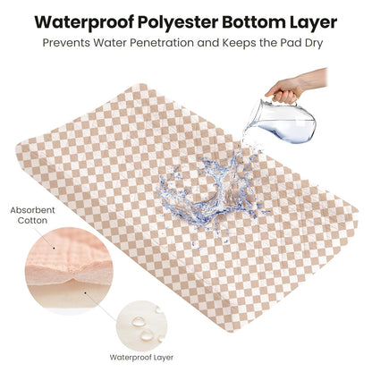 Konssy Waterproof Muslin Changing Pad Cover 2 Pack, Quilted Cotton Fitted Diaper Changing Table Cover, Soft Changing Pad Sheets for Girls Boys (Coffee Check,Moon)