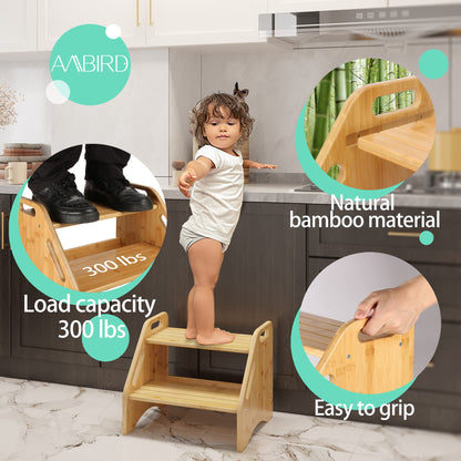 AMBIRD Wooden Step Stool, Two Step Stools Toddler 300 lbs Capacity with Safety Non-Slip Pads and