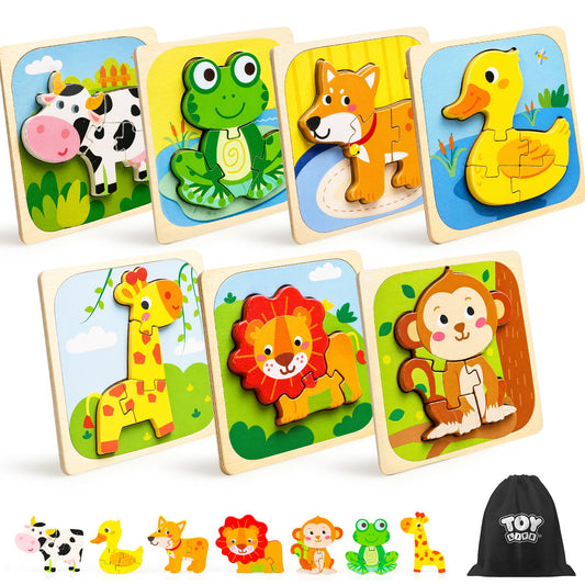 TOY Life Toddler Puzzles Ages 2-4, Wooden Puzzles for Toddlers 1-3, 7 Pcs Animals Puzzle 2 Year