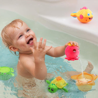 iPlay, iLearn Baby Bath Toys w/ Organizer, Water Squirting Octopus, Wind Up Swimming Turtle