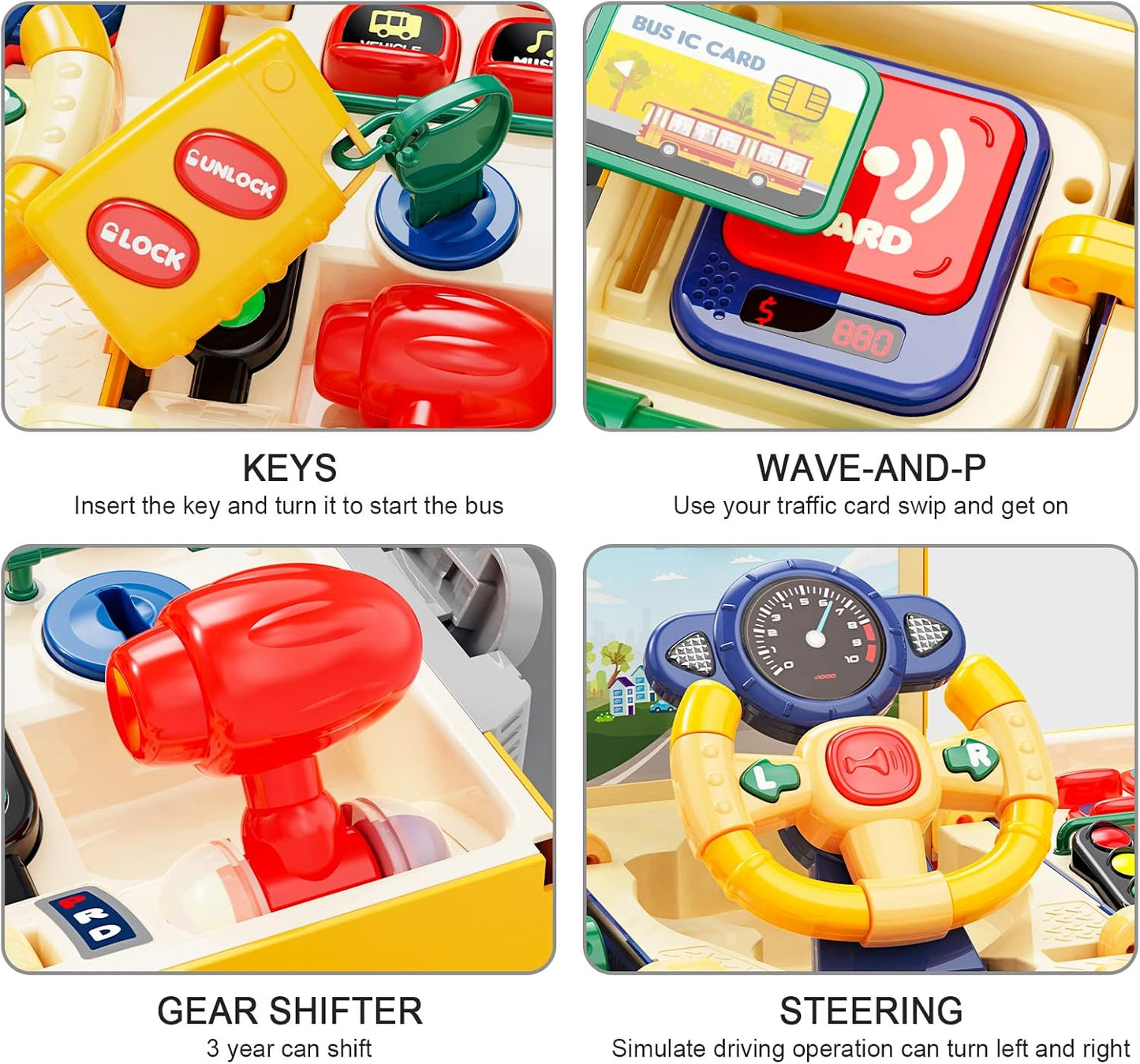 HONGTUO School Bus Toy with Sound and Light Simulation Steering Wheel Driving Toy Toddlers School Bus Toys with Music Education Knowledge Simulate School Scenes Gift for 3-5 Boys & Girls