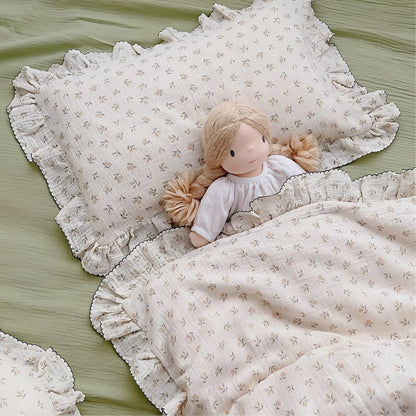 BuLuTu Cotton Muslin Kids Toddler Pillowcase Sprout Pattern, Shabby Chic Nursery Pillow Cover with Ruffle Edge, Soft Durable Travel Pillow Case for Boys Girls Bedding Decor, 14"x20",Machine Wash