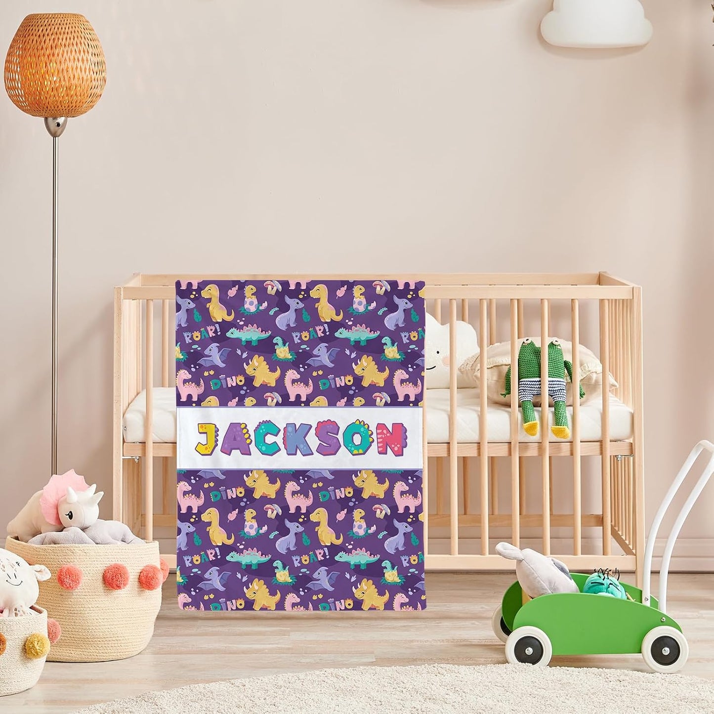 Personalized Dinasour Name Baby Blanket, Custom Cute Alphabet Name Blanket Toddler Boy Soft Flannne Swaddling Blankets Customized Monogram Memorial Gift from Nana for Infant Newborn Shower