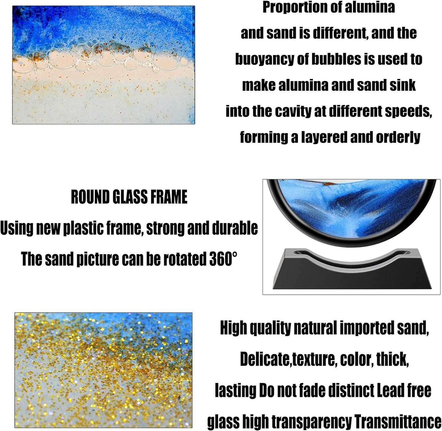 Liquid Motion Sandscape Round Moving Sand Art Sensory Toy Anxiety Fidget ADHD Relaxation Toy Home Office Desktop Decoration (Blue, 12-in)
