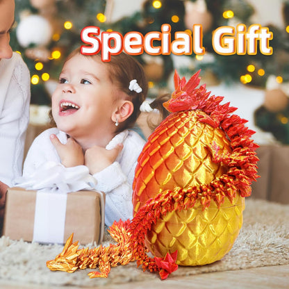 Dragon Egg - 3D Printed Egg with Flexible Pearly Sheen Dragon Inside, 3D Printed Surprise Gift, Articulated Dragon Egg Fidget Toy, Decor (12” Dragon,Red Mix Gold)