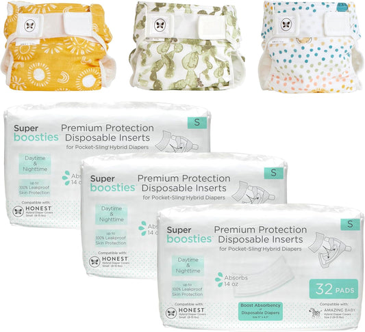 Super Boosties 96ct + Honest Hybrid Cloth Diaper Cover with Pocket-Sling, Small (8-15 lbs), Stops Nighttime Leaks, Boosties Disposable Diaper Inserts, Honest Cotton Muslin Covers, 3 Pack
