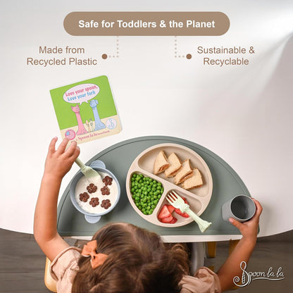 Made in USA Spoon la la Toddler Utensils Set (2 Pack) & Board Book - Spoon & Fork for Kids, Self-Standing 3D Ergonomic Cat & Dog Handles, BPA-free, Dishwasher Safe Baby Silverware (Mint Green)