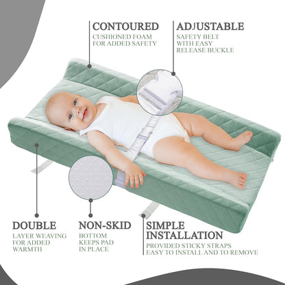 Organic Cotton Contoured Baby Changing Pad w/Waterproof Foam Mattress, Includes Soft, Removable & Washable Cover, Safety Strap, Non-Slip Bottom, Topper for Standard Size Infant Diaper Table & Dresser