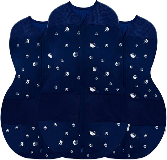 Happiest Baby Sleepea 5-Second Swaddle - 100% Organic Cotton Baby Swaddle Blanket - Doctor Designed Promotes Healthy Hip Development - 3-Pack Newborn Bundle (Midnight Planets, 2 x Small, 1 x Medium)