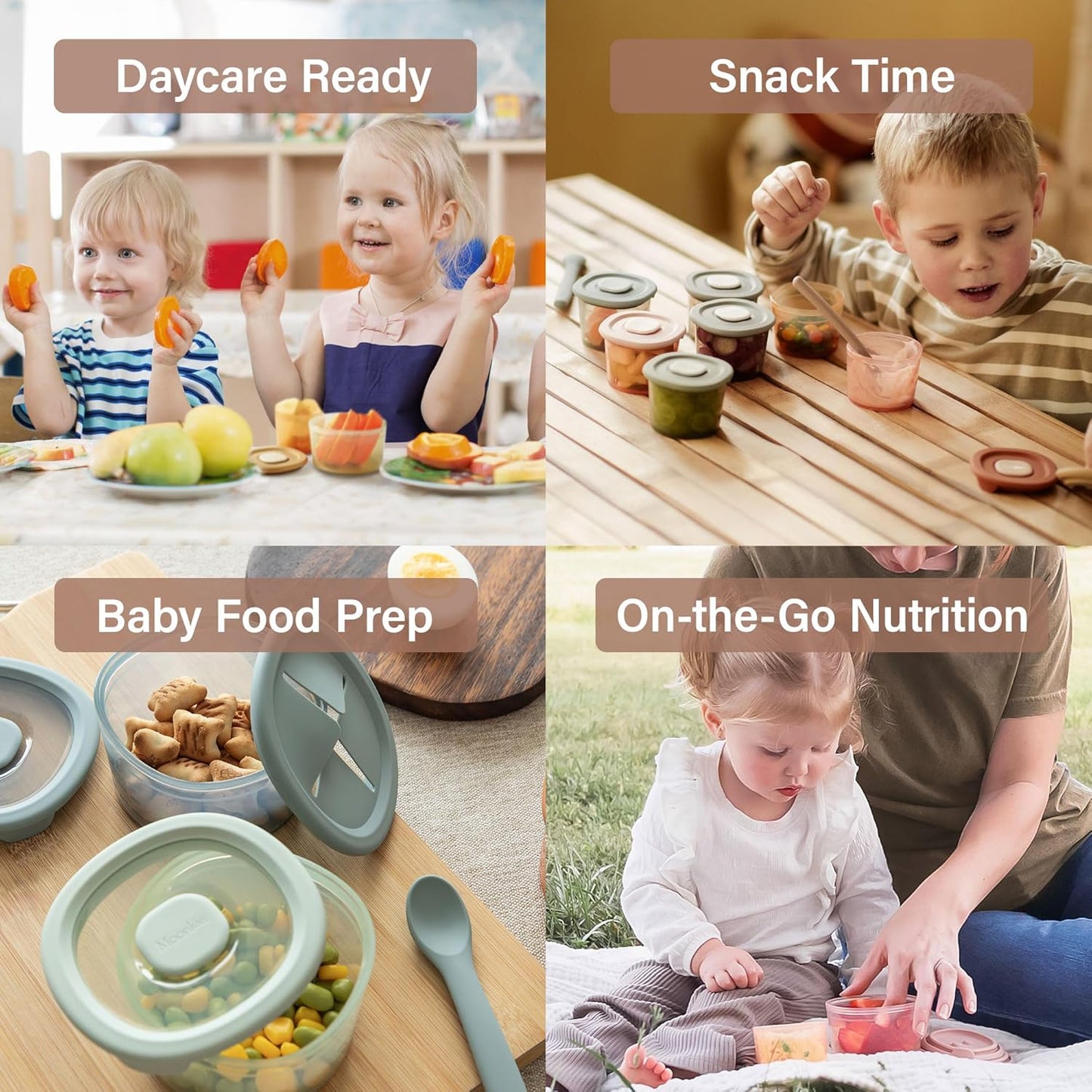 Moonkie Silicone Snack Containers for Kids and Toddlers | 8 oz Baby Food Containers with Airtight
