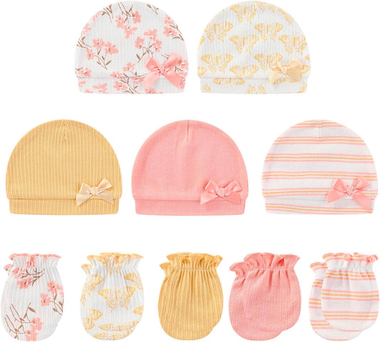 Baby Hat and Mittens Set Cotton Newborn Baby Hats Caps for Boys and Girls, 0-6 Months