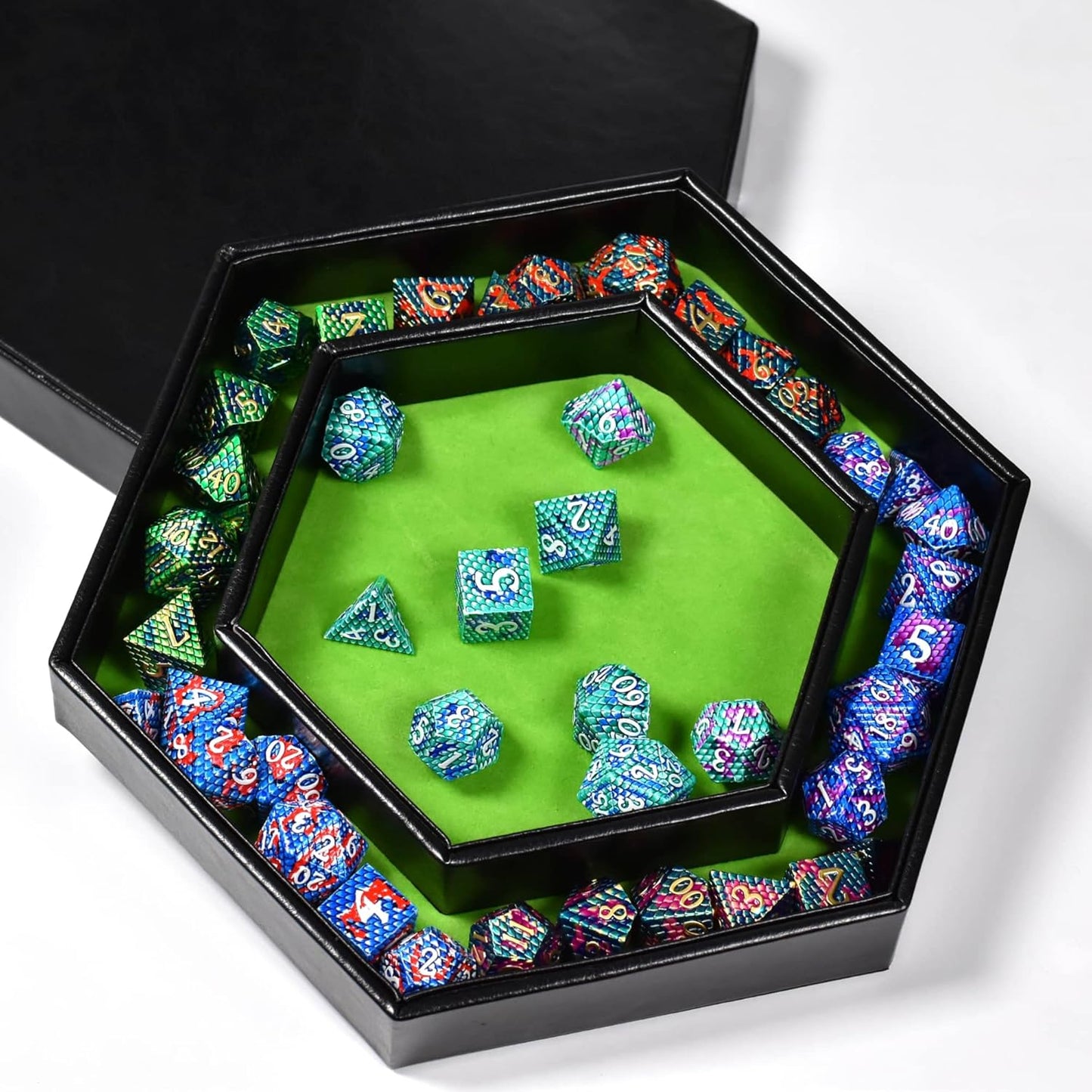 DND Dice Tray - 2 in 1 Hexagonal Rolling and Storage Tray, Faux Leather Material, Green Color, Compatible with D&D, MTG, Dice Arena