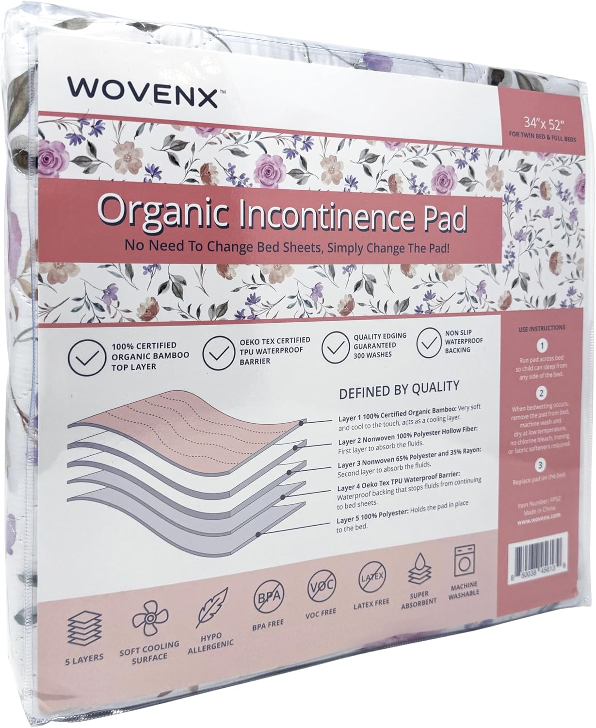 Organic Incontinence Pads for Kids & Toddlers - 5 Layer Waterproof Protectors for Overnight Bed