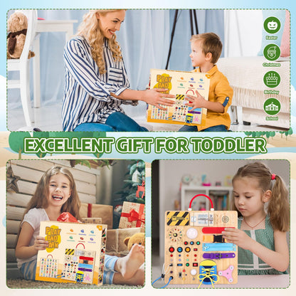 23-in-1 Montessori Busy Board with LED Lights Educational Wooden Activity Toy for Toddlers Ages
