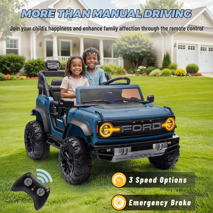 ENYOPRO 2 Seater Ride On Car for Kids, 24v Licensed Ford Bronco Raptor Electric Power Ride On Truck Toy with Remote Control, 4 Wheels Shock Absorption, Soft Start, Bluetooth, Radio, 3 Speed - Blue
