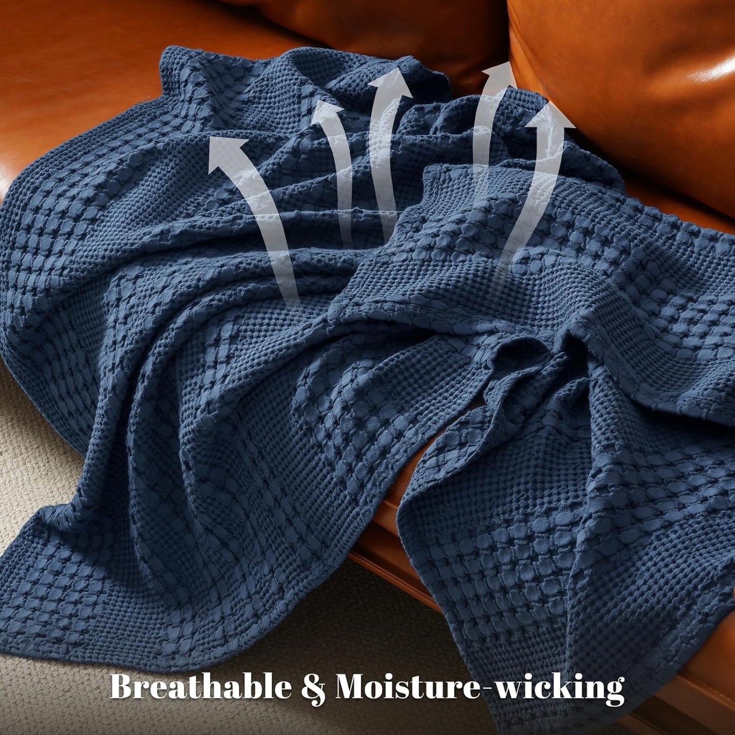 PHF 100% Cotton Waffle Weave Blanket Twin Size, Soft Lightweight Breathable Cozy Summer Blankets for Bed, Luxury Aesthetic Woven Bedding for Home Decor, 66"x90", Bright Navy Blue