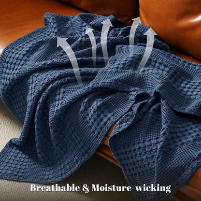 PHF 100% Cotton Waffle Weave Throw Blanket, Soft Lightweight Breathable Cozy Summer Throws for Couch Bed Sofa, Luxury Aesthetic Woven Blanket for Home Decor & Office, 50"x60", Bright Navy