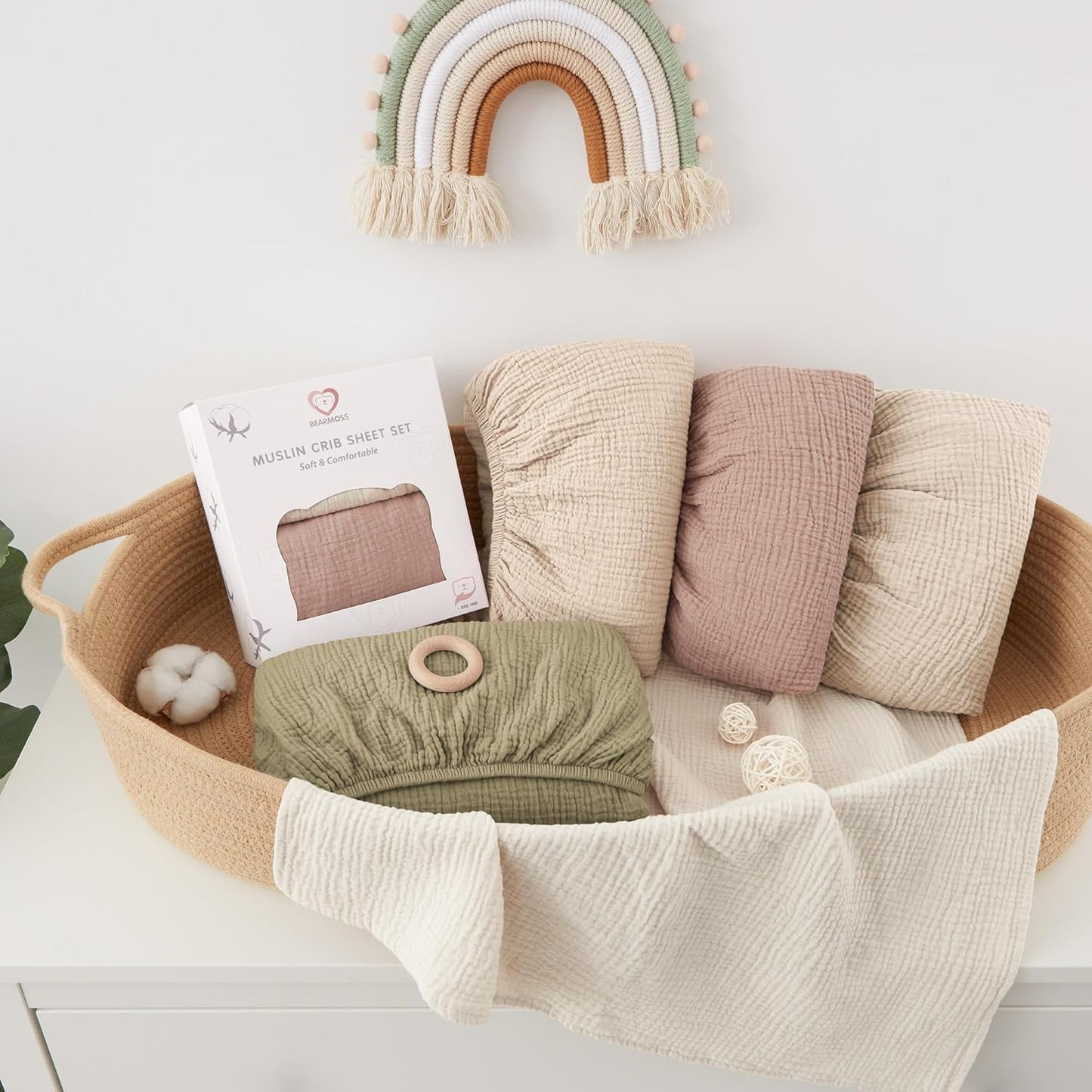 Bearmoss Muslin Crib Sheets 100% Cotton Baby Crib Sheets Fitted for Standard Crib Mattress &