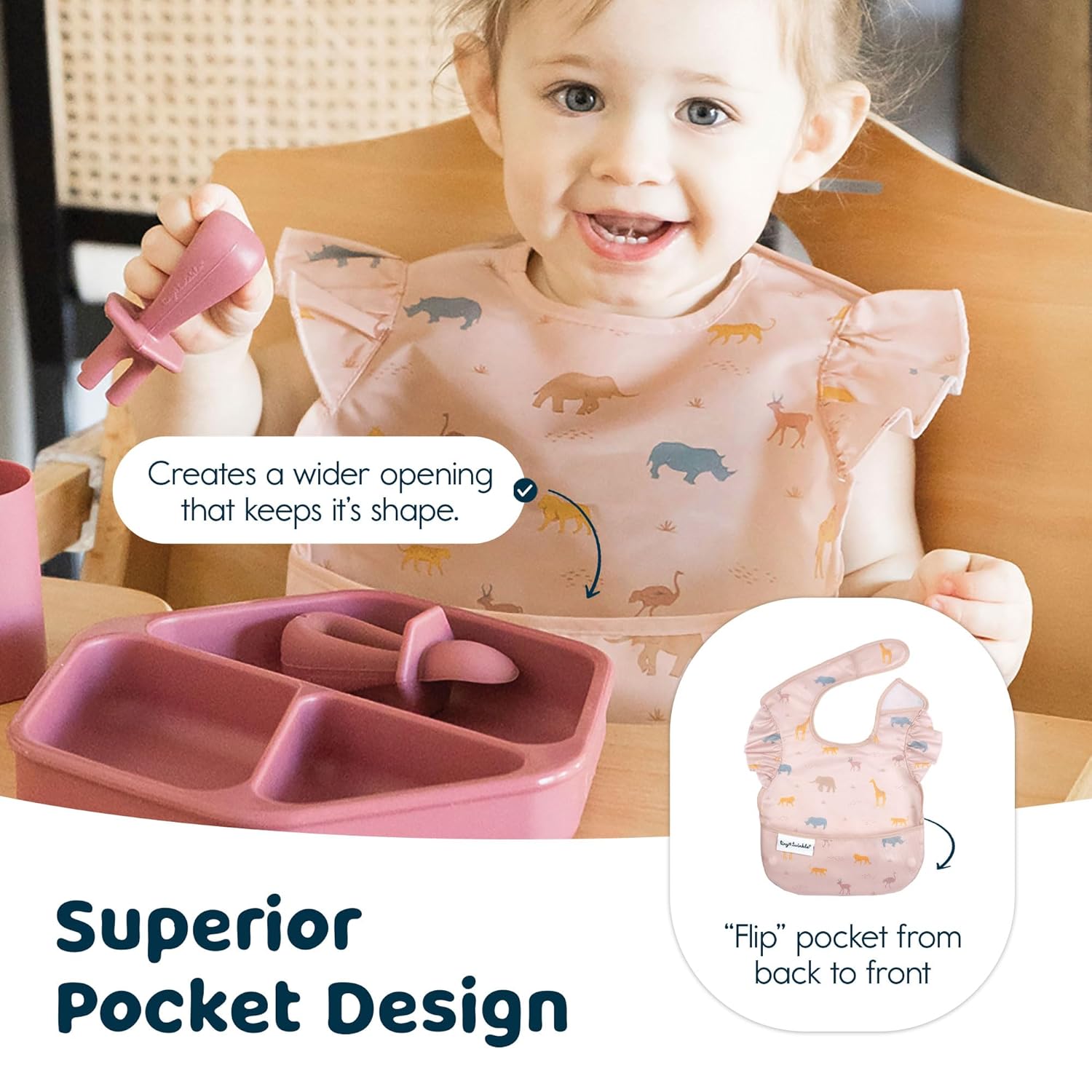 Tiny Twinkle Mess Proof Baby Bibs for Eating - Waterproof, Wipeable Bibs - Toddler Bibs - Travel