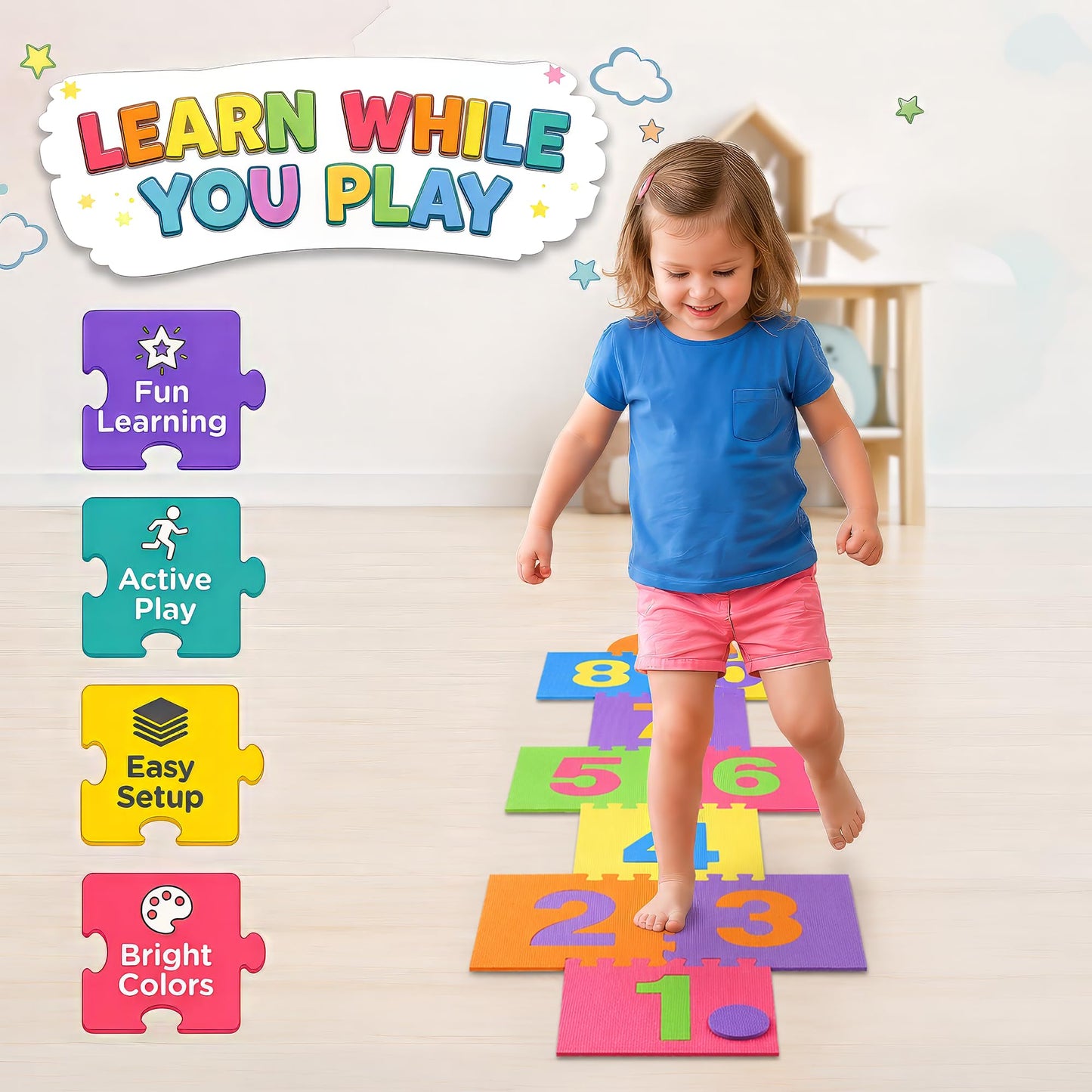 Hopscotch Playmat Foam Interlocking Puzzle Floor Mat - 10 Large Number Tiles (12" by 12" Square