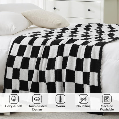 WRENSONGE Checkered Throw Blanket, Black and White Soft Cozy Fluffy Warm Hand Made Throw Blankets