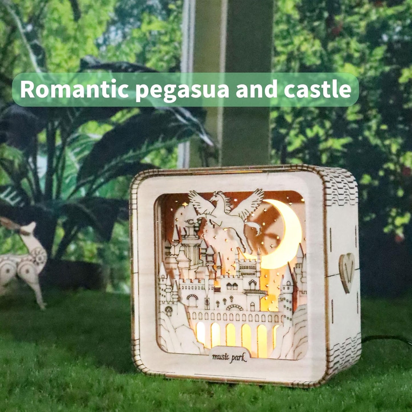 Music Park 3D Wooden Puzzles for Adults, ‎Unique Pegasus Castle Building Model Kit Night Lights, DIY Desk Decor Birthday Gifts Crafts for Adults and Kids Family Game