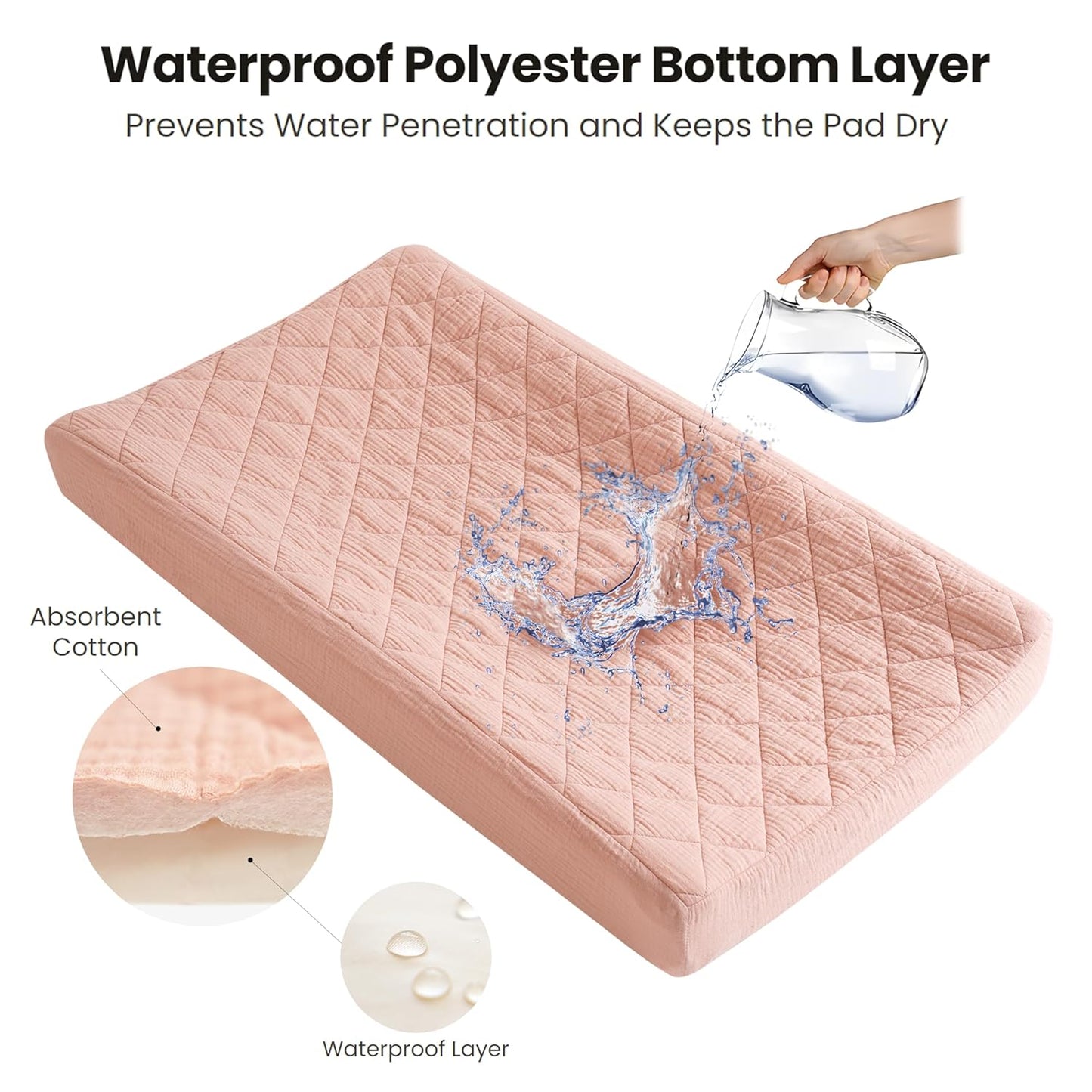 Konssy Waterproof Muslin Changing Pad Cover 2 Pack, Quilted Cotton Fitted Diaper Chang Table Cover, Soft Changing Pad Sheets for Girls Boys (Pink, Cream)