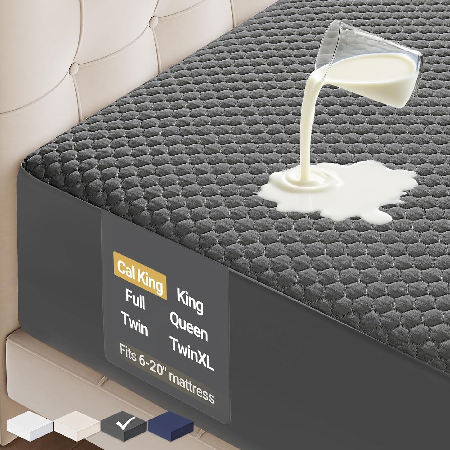 OhGeni 100% Waterproof Mattress Protector, California King-Gray Mattress Pad, Fits 6"-20"