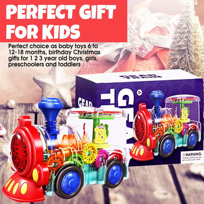 Transparent Sensory Train Toy - Fun and Interactive Toy for Kids - Music Train with LED Light up - Colorful Moving Gears -Tummy Time Crawling Baby Toys - Birthday Gift Idea for Boys & Girls