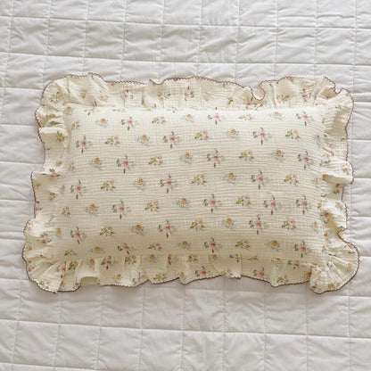 BuLuTu Double Layers Muslin Cotton Pillowcase King Size Vintage Floral Print Pillow Case Teens Girls Women Ruffled Pillow Cover, Envelope Closure, 20x36 inch, 1 Piece, Azalea
