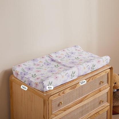 TILLYOU Changing Pad Cover Set in Soft Jersey Material - Fits 32"/34''x16 Contoured Pad for Babies, Brilliant Little Flowers and Purple