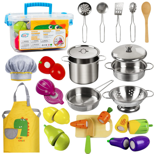 Sundaymot Play Kitchen Accessories, Wooden Play Food, Cooking Set with Stainless Steel Cookware