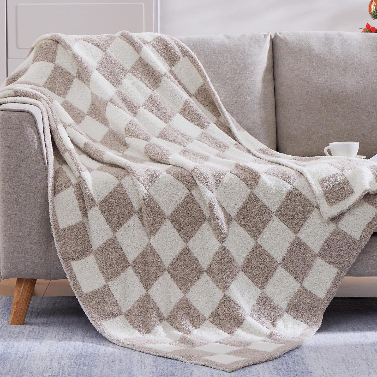 WRENSONGE Checkered Throw Blanket, Taupe Soft Cozy Fluffy Warm Hand Made Throw Blankets for Couch