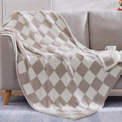WRENSONGE Checkered Throw Blanket, Taupe Soft Cozy Fluffy Warm Hand Made Throw Blankets for Couch
